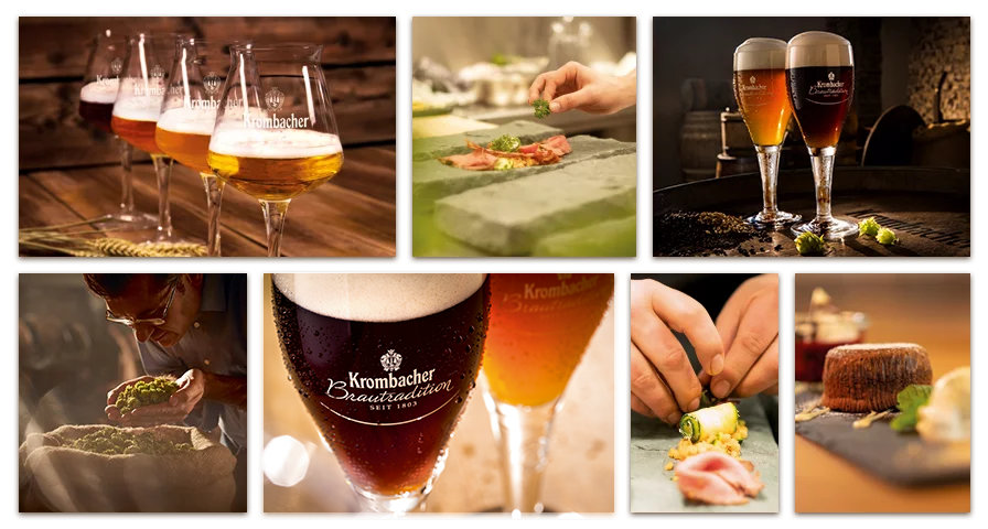 Sechs Bilder zeigen verschiedene Biersorten in Gläsern, darunter zwei Krombacher Biere. Weitere Bilder zeigen die Zubereitung von Speisen und Zutaten, die mit Bier kombiniert werden.