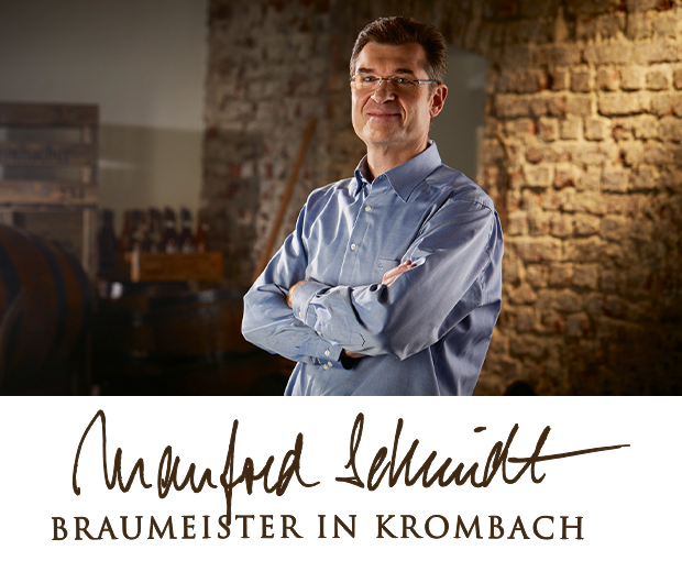 Mann mit verschränkten Armen trägt ein hellblaues Hemd. Darunter steht 'Manfred Schmidt, Braumeister in Krombach'.