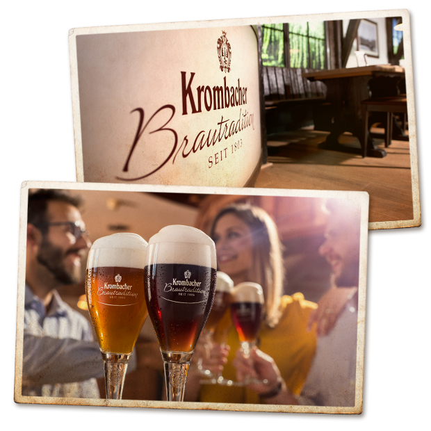 Das Bild zeigt das Krombacher Brauhaus mit dem Schriftzug 'Krombacher Brautradition seit 1803'. Im unteren Teil sind zwei Gläser mit Krombacher Bier, einem hellen und einem dunklen, in einer geselligen Runde zu sehen.