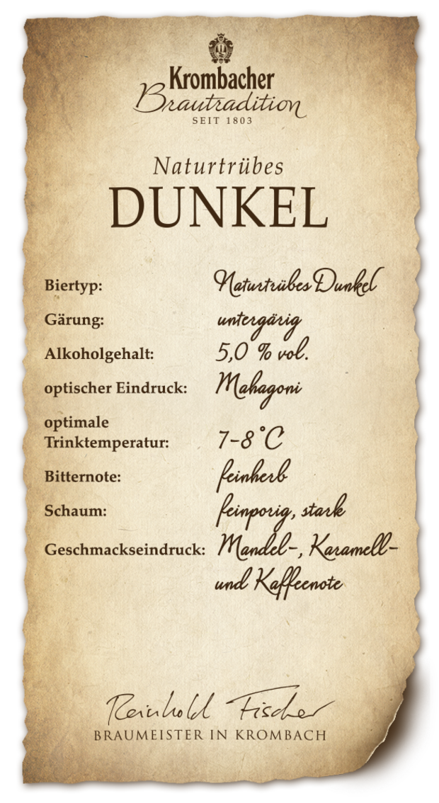 Gärungsinformationen von Krombacher für 'Naturtrübes Dunkel', handgeschrieben und unterzeichnet von einem Krombacher Braumeister.