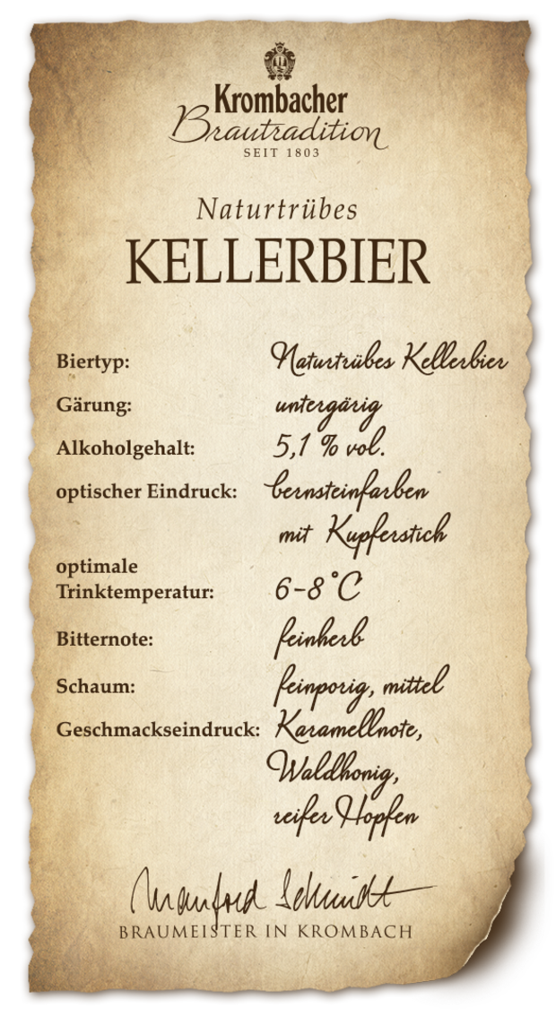 Ein handgeschriebenes Dokument über Krombacher Kellerbier mit Informationen über das Bier, unterzeichnet von Manfred Schmidt, Braumeister in Krombach.